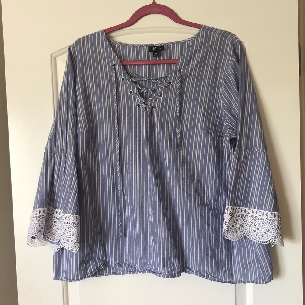Blue striped blouse with lace boho sleeves